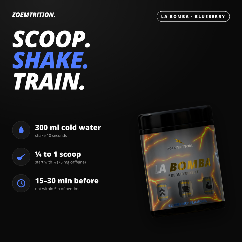 How to use: 300 ml cold water, ¼ to 1 scoop, 15–30 minutes before training
