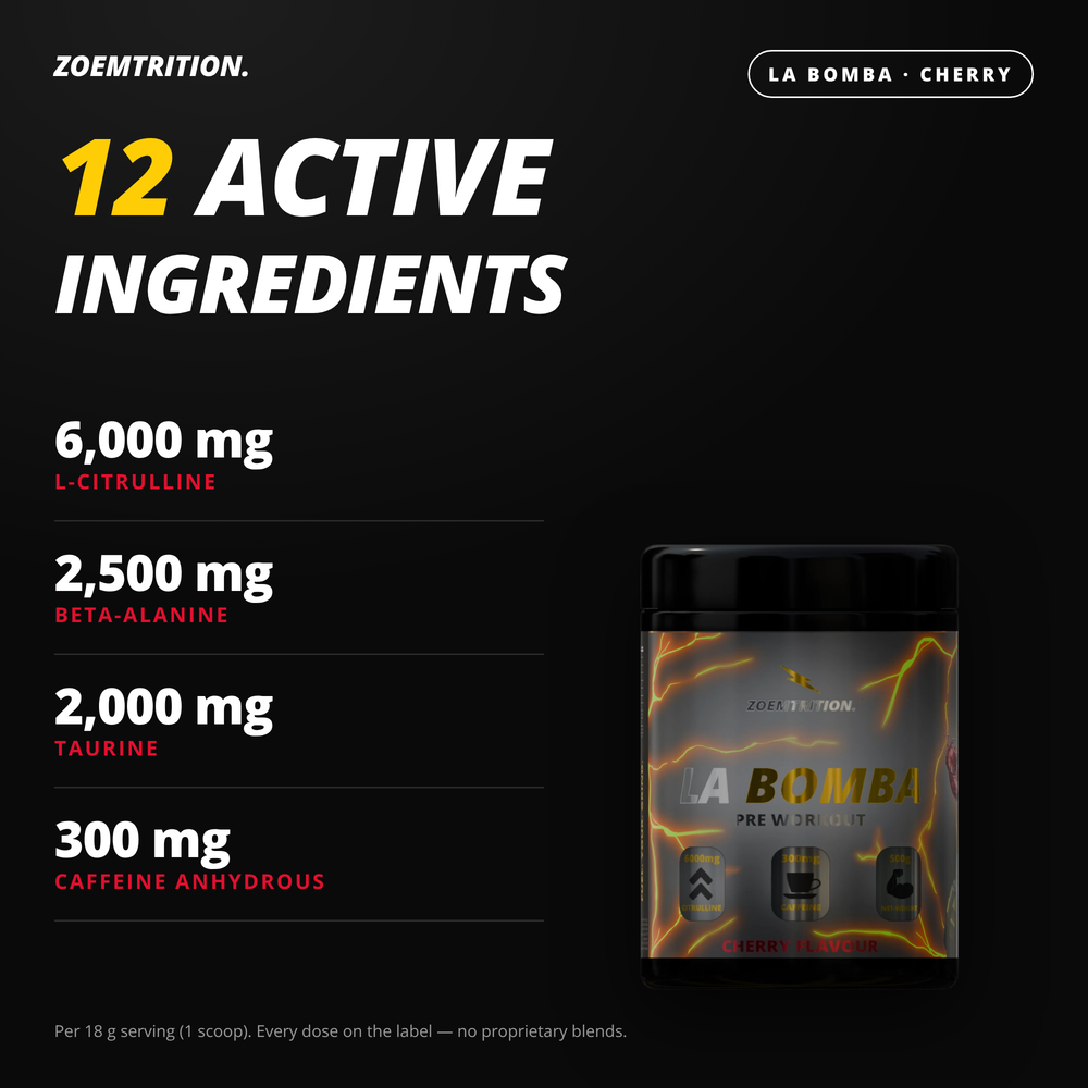 12 active ingredients: 6000 mg L-citrulline, 2500 mg beta-alanine, 2000 mg taurine, 300 mg caffeine anhydrous