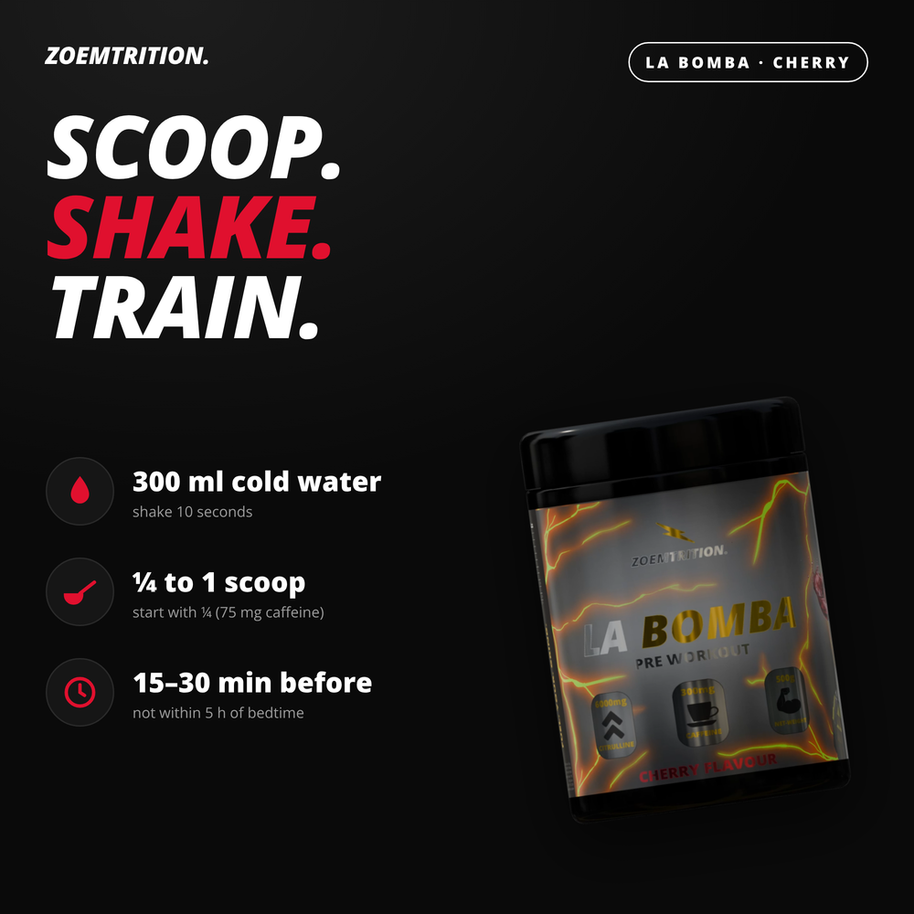 How to use: 300 ml cold water, ¼ to 1 scoop, 15–30 minutes before training