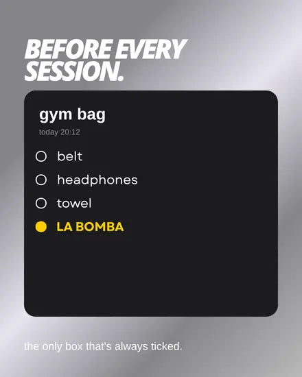 LA BOMBA post: a gym bag checklist with LA BOMBA ticked